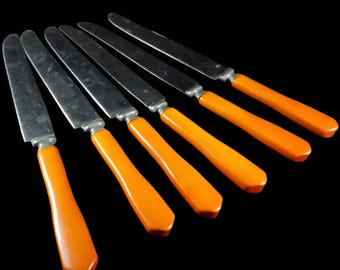 Vintage Butter Knives Set of 6  ~ Butterscotch Bakelite Handled Knives ~ Vintage Bakelite Flatware ~  Stainless Steel Flatware