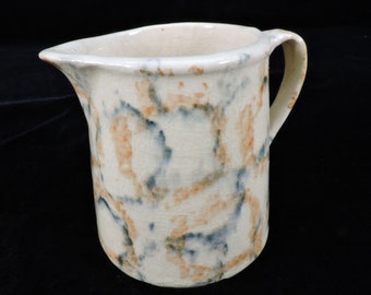 Vintage Spongeware Pitcher ~ Antique Pitcher ~ Farmhouse Pitcher ~ Mottled Blue/Coral Pitcher ~ Country Pitcher ~ Classic Spongeware Pottery