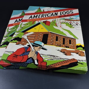 Vintage Lincoln Logs ~ American Logs by Halsam ~ Toy Log Sets ~ Log Building Sets ~ Toy Logs in Box ~ Colorful Packaging ~ Wood Lincoln Logs