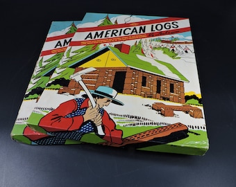 Vintage Lincoln Logs ~ American Logs by Halsam ~ Toy Log Sets ~ Log Building Sets ~ Toy Logs in Box ~ Colorful Packaging ~ Wood Lincoln Logs
