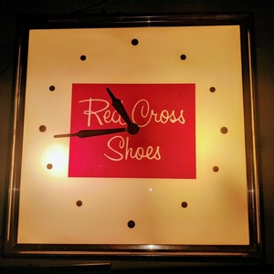 Vintage Advertising Clock ~ Red Cross Shoes Lighted Clock ~ Shoe Store Clock ~ MCM Wall Clock ~ 1960s Advertising Clock ~ Runs Well