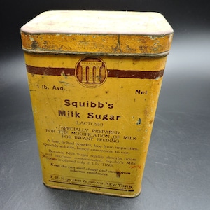 Vintage Advertising Container ~ Squibb&#39;s Milk Sugar Tin ~ Drugstore Advertising Tin