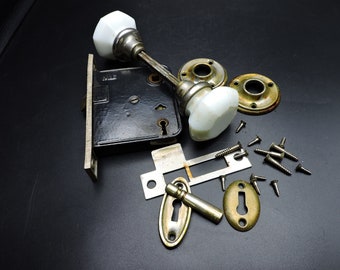 Antique Doorknobs Set ~ Milk Glass Doorknobs/YALE Lock Set ~ Restoration Hardware - 1920s Architectural Salvage ~ Home Restoration