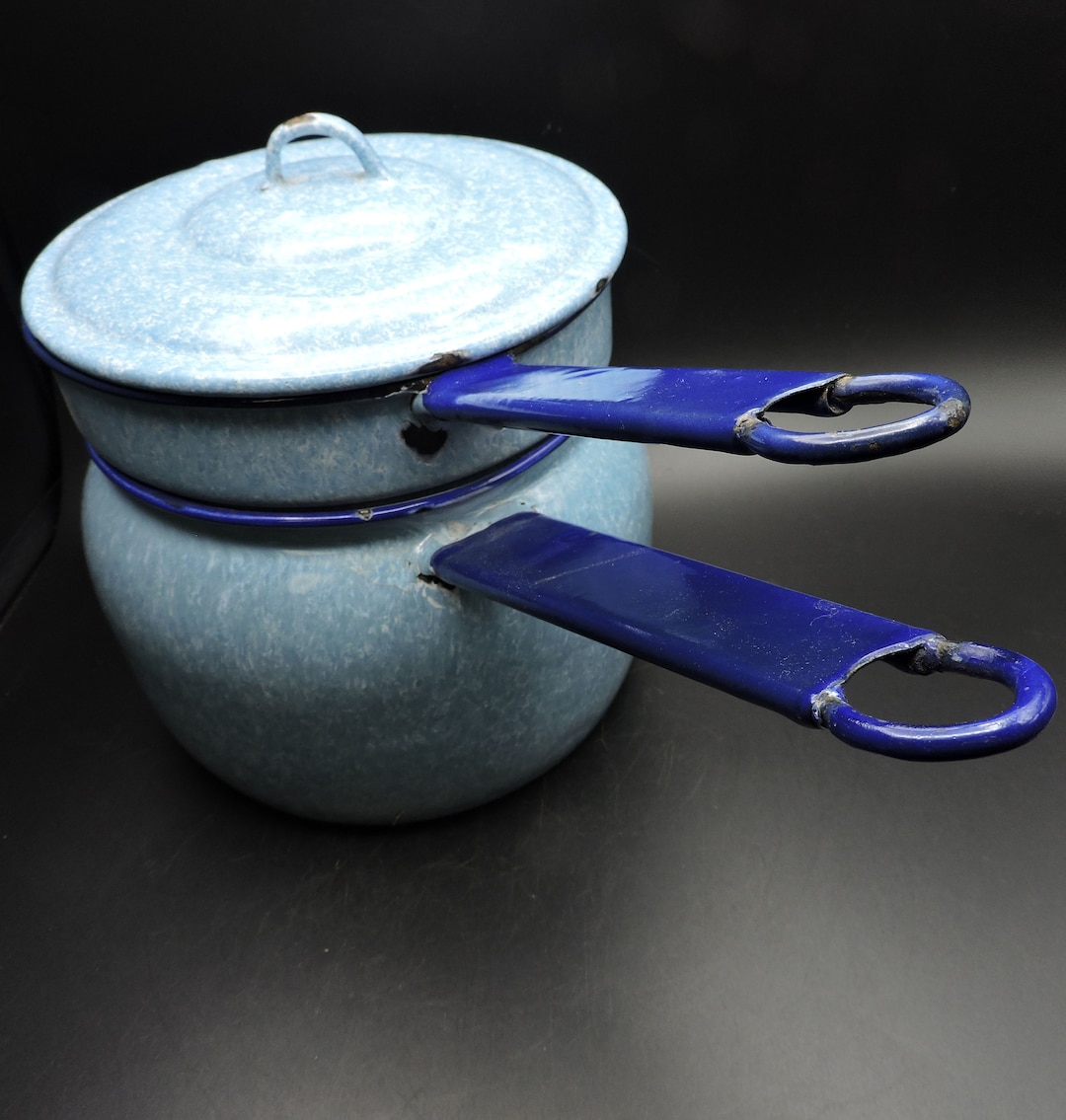 Vintage Enamelware Double Boiler Blue Double Boiler Old Enamelware Pots