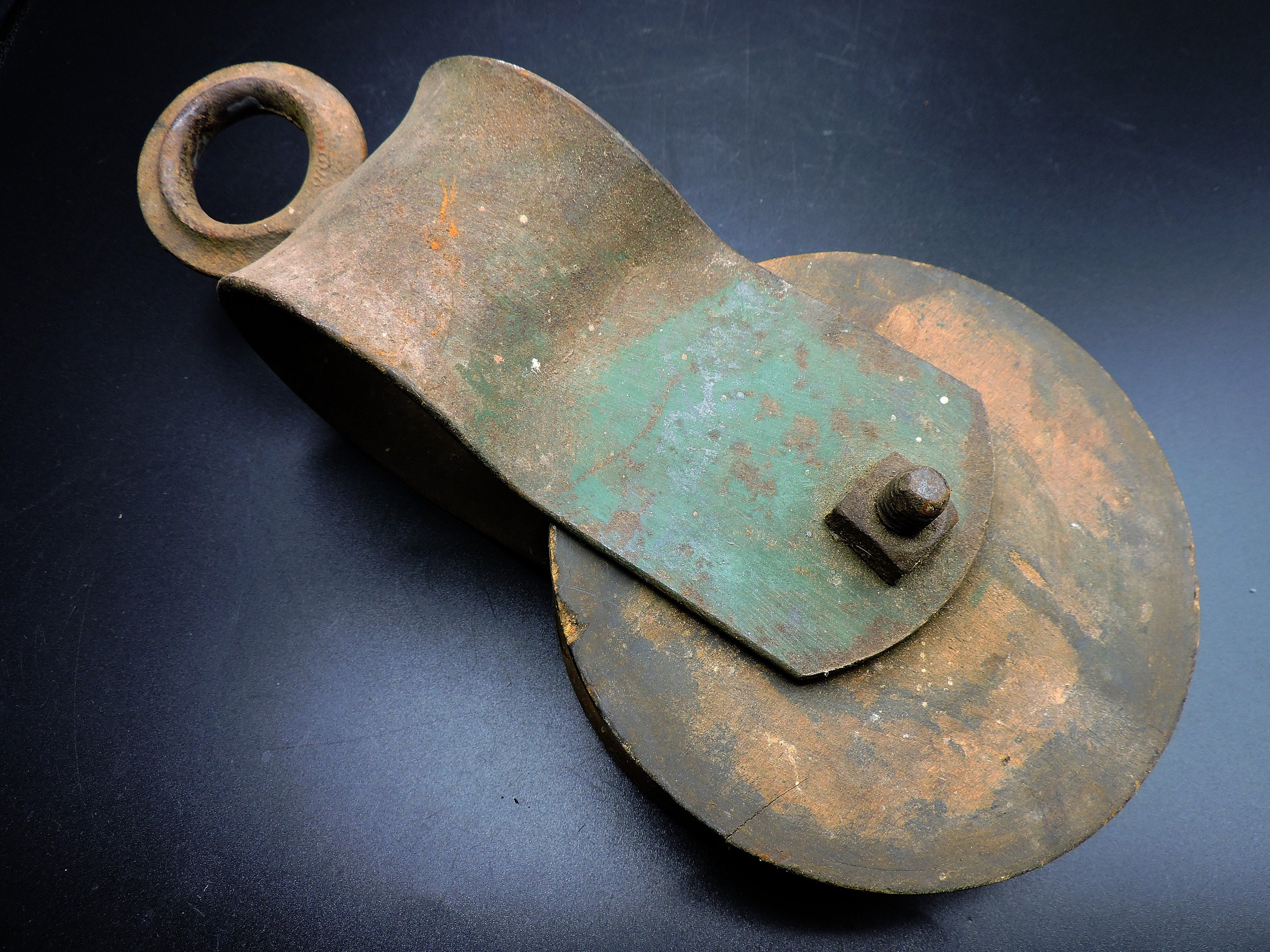 Vintage Weathered Industrial Pulley ~ Barn Pulley ~ Salvaged Pulley ~ Factory Pulley ~ Used Green Painted Pulley