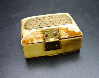 May include: A small, rectangular box made of ivory with a brass hinge and a brass lid with a decorative cutout design.