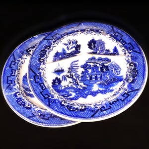May include: Two blue and white Willow pattern plates. Each plate has a divided design with a central landscape scene featuring a pagoda, bridge, and boat. The plates have a decorative border and are set against a black background.