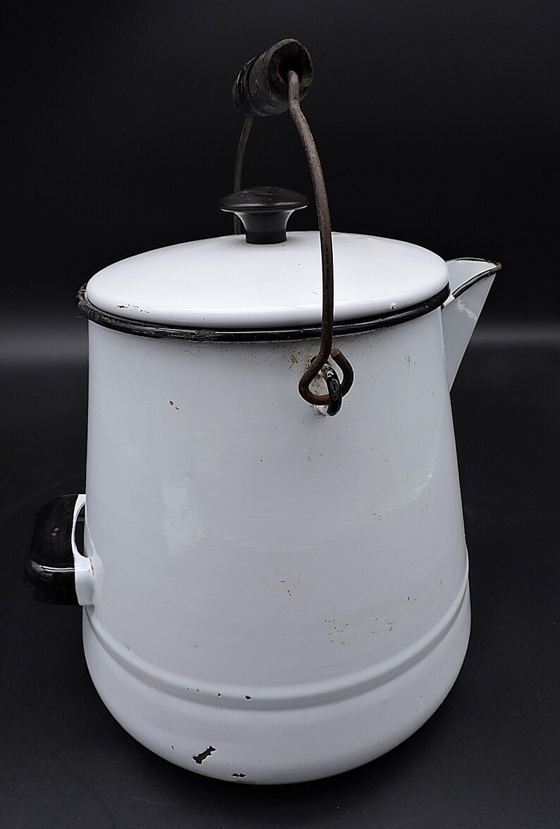 Vintage Enamelware Coffee Boiler White & Black Enamelware Etsy