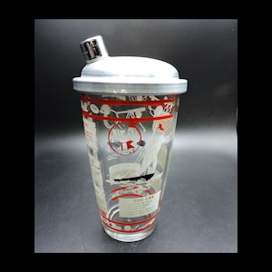 Vintage Cocktail Shaker ~ Glass Cocktail Shaker ~ Mid-Century Cocktail Shaker ~ Sports Themed Cocktail Shaker ~ MCM Barware ~ Mancave Decor