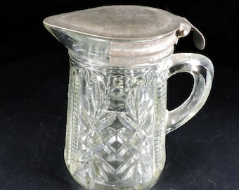 Vintage Pressed Glass Pitcher ~ Pressed Glass Syrup Pitcher ~ Pressed Glass Cream Pitcher ~ Small Lidded Pitcher ~ Depression Glass Pitcher