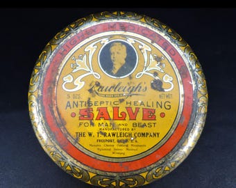 Vintage 1940s Rawleigh's Antiseptic Salve 5oz. Tin ~  Decorative Antique Tin for Bathroom Display