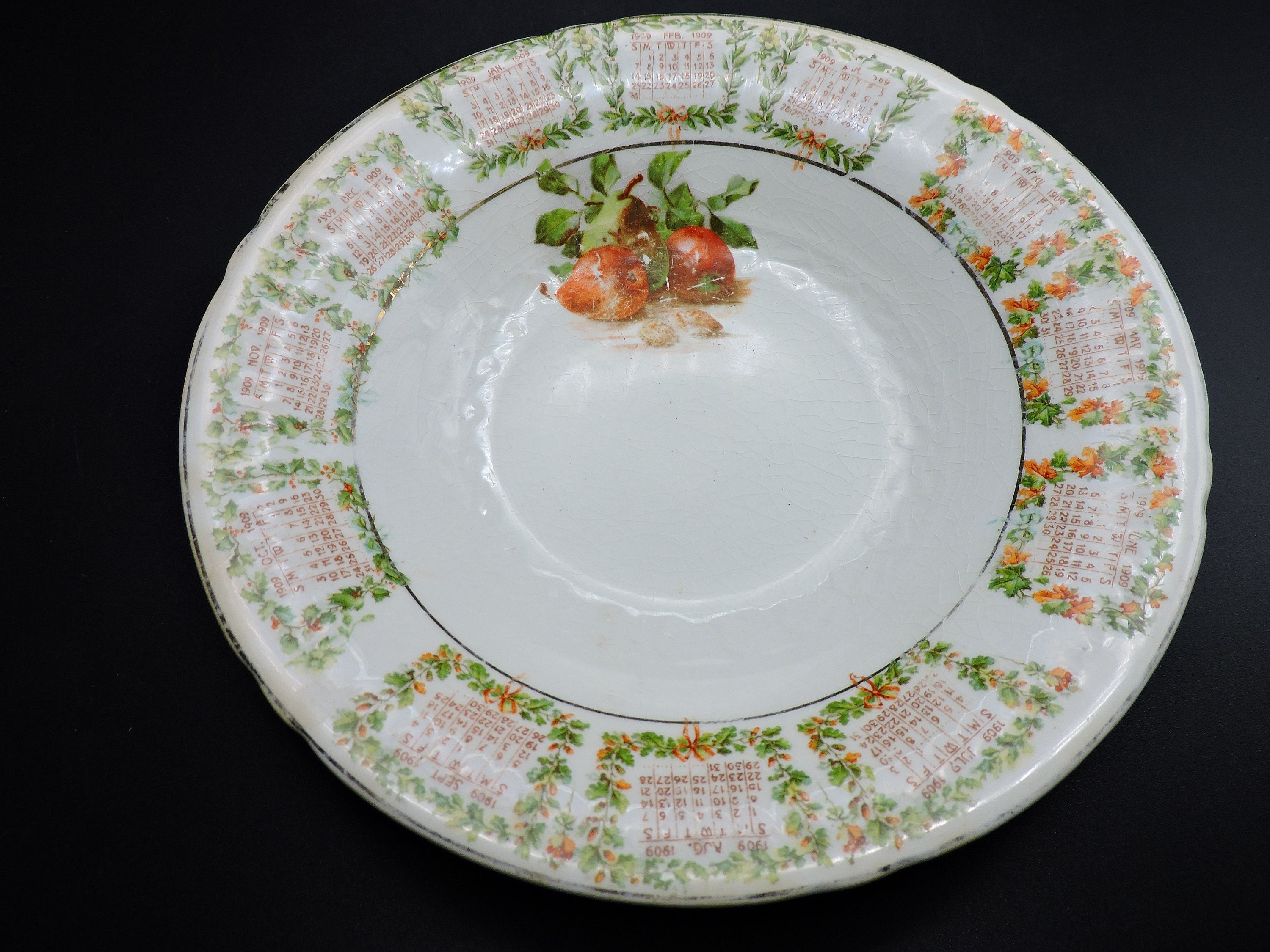 1909 Calendar Plate - Porcelain Calendar Plate ~ Vintage Date