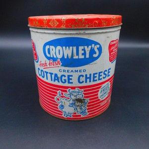 Vintage  Crowley&#39;s Advertising Can ~ Crowley&#39;s Creamed Cottage Cheese Tin ~ Metal Cottage Cheese Tin ~ Vintage Colorful Advertising