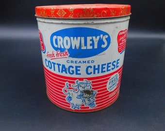 Vintage  Crowley's Advertising Can ~ Crowley's Creamed Cottage Cheese Tin ~ Metal Cottage Cheese Tin ~ Vintage Colorful Advertising