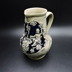 Stoneware Pitcher ~ Salt Glazed Stoneware ~ Westerwald Stoneware ~ West Germany ~ Blue and Gray Stoneware