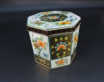 Vintage Cracker Tin ~ DAHER Tea Tin ~  Colorful Flower Themed Tea or Candy Tin ~ Colorful Litho Container ~ 1960s Chic ~ English Toffee Tin