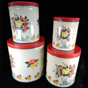 Vintage Kitchen Canister Set ~ Metal Canister Set ~ Pantry Storage Canister Set ~ Old 4 Piece Flower Design Canister Set ~ Kitchen Storage