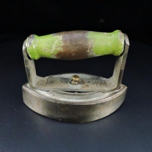 Vintage Toy Sad Iron ~ Primitive Hand Iron ~ Wood Green Handled Sad Iron ~  ~ Kitchen Decor ~ Americana - Collectible Gift