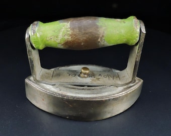 Vintage Toy Sad Iron ~ Primitive Hand Iron ~ Wood Green Handled Sad Iron ~  ~ Kitchen Decor ~ Americana - Collectible Gift