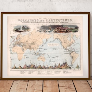 デジタル、1852年、火山と地震の現象、地質図、ジョン・エムズリー、世界地図、即時ダウンロード、ジャワ、ニュージーランド