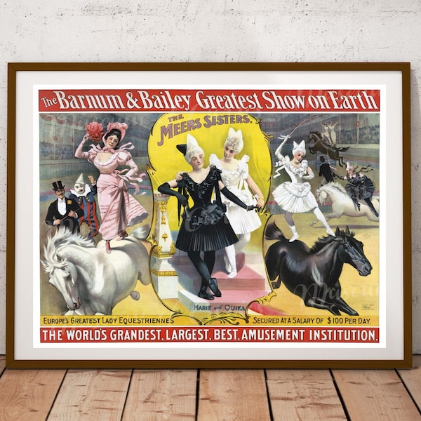 Digital, 1895, The Meers Sisters, Barnum & Bailey Circus Poster, Europe's Greatest Lady Equestriennes, INSTANT DOWNLOAD, printable wall art