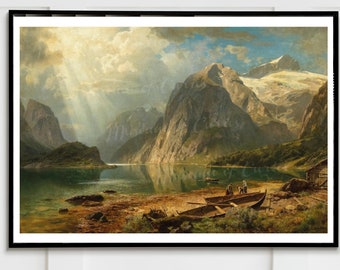 Digital, 1888, Auguste Wilhelm Leu, 'A Fjord Landscape', German art, INSTANT DOWNLOAD, Mountain Scene with boats