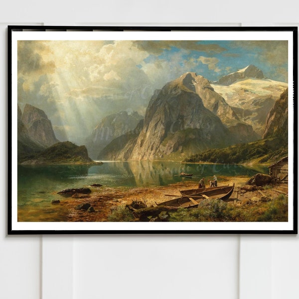 Digital, 1888, Auguste Wilhelm Leu, 'A Fjord Landscape', German art, INSTANT DOWNLOAD, Mountain Scene with boats