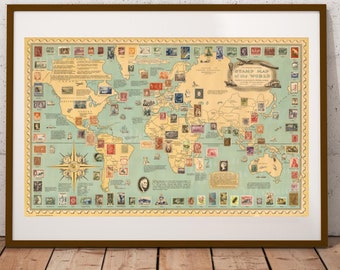 Digital, The Philatelic Institute Stamp Map of The World, pictorial, illustrated map, INSTANT DOWNLOAD, Five Sizes