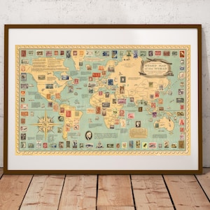 Digital, The Philatelic Institute Stempel Weltkarte, bildhaft, illustrierte Karte, SOFORT DOWNLOAD, Fünf Größen