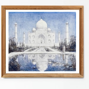 デジタル、1898年、月明かりに照らされたタージ・マハル、即時ダウンロード、水彩画、インドの建築