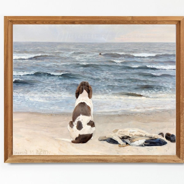 Digital, 1887, Nils Pedersen Mols, A Dog On The Beach, En Hund pa stranden, Dutch art, INSTANT DOWNLOAD, seaside, ocean view