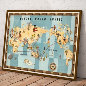 Numérique, milieu du siècle, rétro, imprimable Qantas World Routes Poster, Qantas Empire Airways, TÉLÉCHARGEMENT INSTANTANÉ, Voyage, Kangourou volant