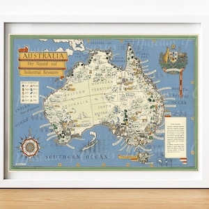 Numérique, 1942, Carte de l’Australie, ses ressources naturelles et industrielles, cuivre, or, argent, acier, TÉLÉCHARGEMENT INSTANTANÉ, imprimable