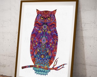 Digital, Printable Multi Coloured Owl, INSTANT DOWNLOAD, Two Sizes, wall art
