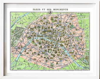 Digital, 1925, Map of Paris With Monuments, INSTANT DOWNLOAD, Printable map, France