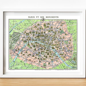 Digital, 1925, Karte von Paris mit Monumenten, SOFORT DOWNLOAD, druckbare Karte, Frankreich