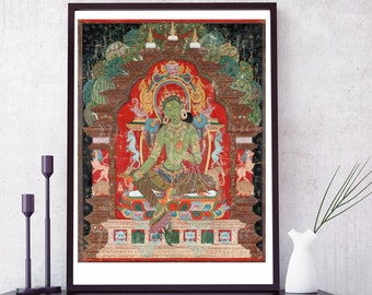 May include: A framed print of a colorful painting depicting a green deity seated on a throne with a red background. The deity is surrounded by intricate details and symbols.