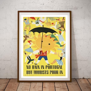 Digital, 1954, Nuno Costa, No Rain In Portugal But Tourists Pour In, Cartel de viaje de mediados de siglo, DESCARGA INSTANTE, imprimible, viaje vintage