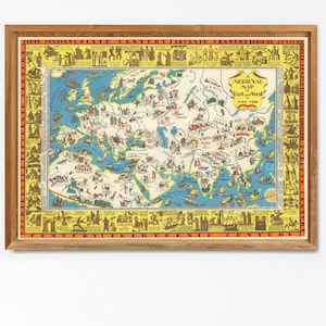Digital, 1925, Mapa Medieval do Oriente e do Ocidente, Mapa mundial ilustrativo, DOWNLOAD INSTANTÂNEO, século V- século XV