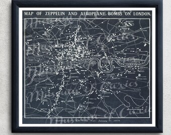 Kaart zeppelinbom Londen 1919: vintage minimalistische kunst (digitale download)