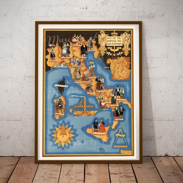 Digital, 1934, Mapa pictórico de Italia con trajes populares italianos, pictografías, trajes regionales, folclore italiano, DESCARGA INSTANTÁNEA