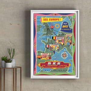 Digitaal, 1950, Fly BKS, See Europe By Air, Airlines, Reizen, Toeristische Poster, INSTANT DOWNLOAD, midden eeuw, afdrukbaar