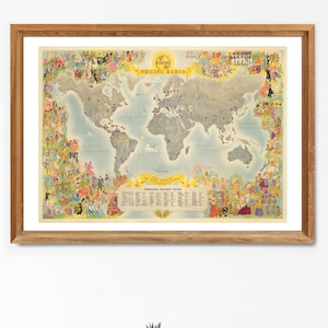May include: A framed vintage map of the world, featuring a detailed illustration with a light blue and beige color scheme. The map is surrounded by colorful figures and includes the text "PHILIPS RADIO" and "THE WORLD OF ENTERTAINMENT".