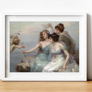 Digital, 1899, The Three Graces (Die Dei Gracien), Edouard Bisson, Franse kunstenaar, INSTANT DOWNLOAD, Blauwe pastel, vrouwelijke mythologie