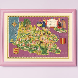 Carte numérique Français des provinces de Gascogne et Béarn, illustrée, TÉLÉCHARGEMENT INSTANTANÉ, France, art mural imprimable