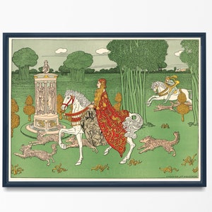 Puede incluir: Una ilustración vintage de una mujer montando un caballo blanco a través de un bosque verde. Lleva un vestido rojo y dorado y una corona. Hay otras figuras en el fondo, incluyendo una fuente y un grupo de árboles.