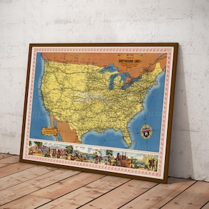 Digital, 1935, Pictorial Map of The Greyhound Bus Lines, United States, Canada, Mexico, INSTANT DOWNLOAD, Four Sizes