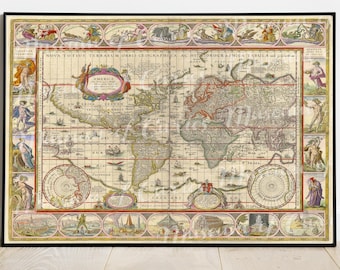 May include: A vintage world map print in a black frame. The map is in a light brown color with red, blue, and green accents. The map is titled "NOVA TOTIUS TERRARVM ORBIS GEOGRAPHICA AC HYDROGRAPHICA TABULA".