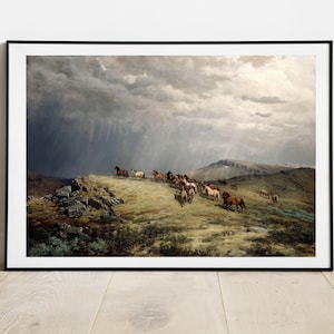 May include: A painting depicting a herd of horses standing on a grassy hilltop beneath a stormy sky. The horses are brown, white, and black, and they are gazing towards the viewer. The sky is dark and overcast, with rain falling in the distance.