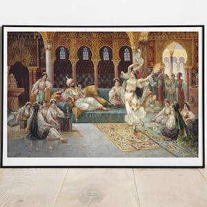 May include: A painting depicting a group of people in a richly decorated room. A woman in a white dress dances in the center of the room, while others watch from the sidelines. The room is filled with intricate details, including ornate arches, patterned tiles, and colorful fabrics.